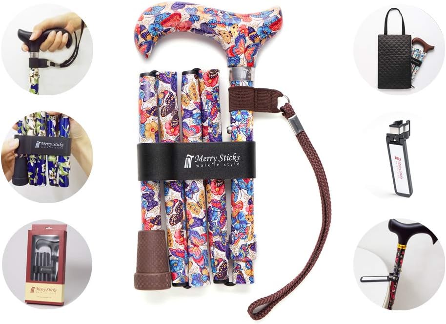 [Combo Set] Merry Sticks Designer Folding Adjustable Walking Cane. Includes a Convenient Cane Bag and a Smart Reflective Cane Holder. Walking Stick
