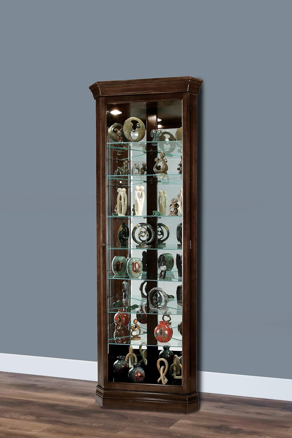 Howard Miller Dustin Curio Cabinet 680-484 �C Espresso Finish, Vertical Home Decor, Seven Glass Shelves, Eight Level Display Case, Locking Door, No Reach Light