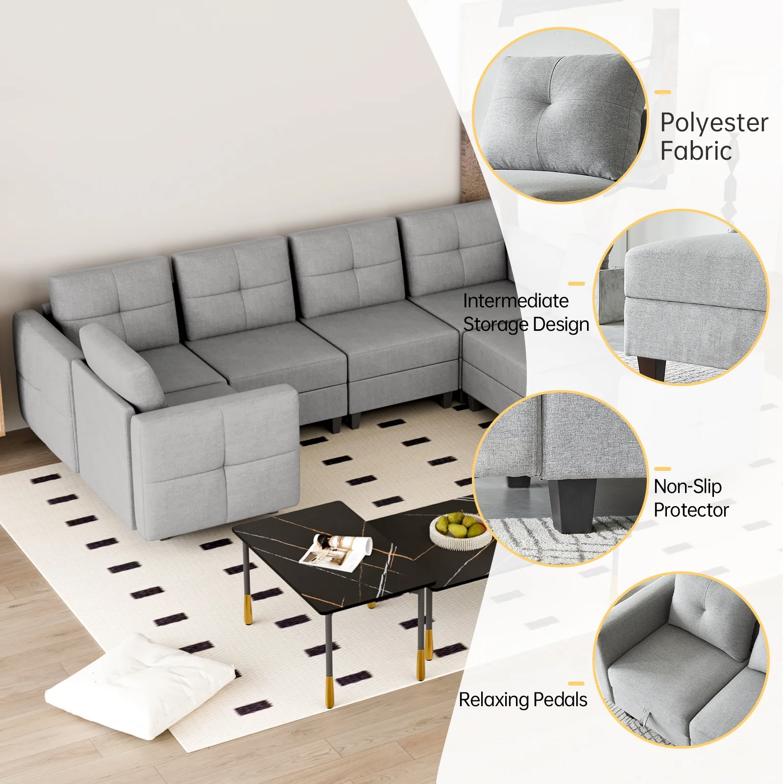 35"H Modular Sectional Sofa Couch with Storage for Living Room, Sectional with Eversible Ottomans, Apartment Sleeper Sofa Bed, Gray