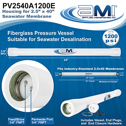 Seawater RO Membrane Housing for 2.5" x 40" SWRO Membrane | 1000 psi Fiberglass | Replacement Pressure Vessel for WaterMaker | Fits M-S2540A & SW30-2540 | PV2540A1000E