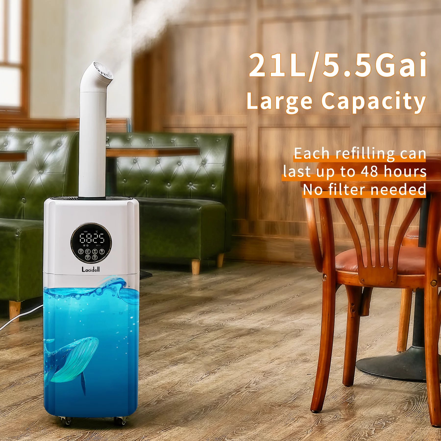 Large Humidifiers Whole-House Style Industrial Humidifier 2000 sq.ft, 5.5Gal Plant Humidifier Cool Mist Top Fill Humidifier 21L 2000ML/H Dual 360 Nozzles 3