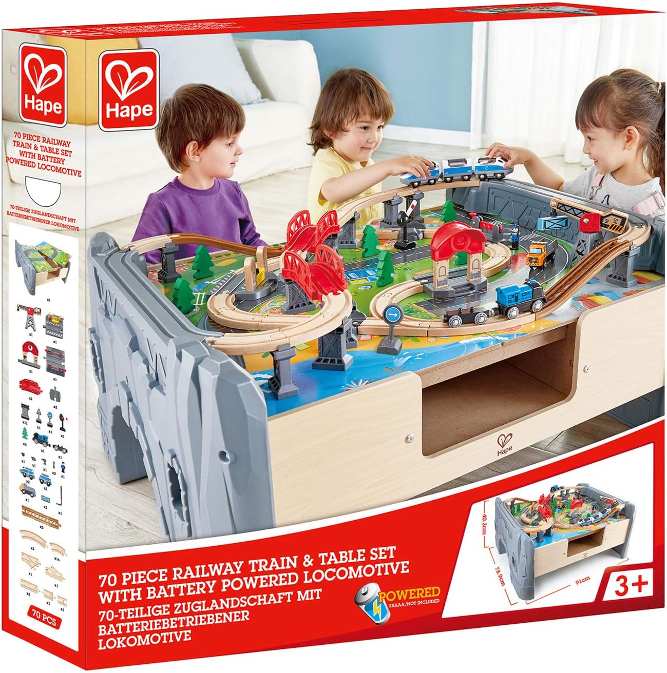 Hape E3766 70 Piece Railway Train Table and Set Toy with Battery Powered Locomotive with Removable Playmat Surface and Storage for Kids 3 Years and Up