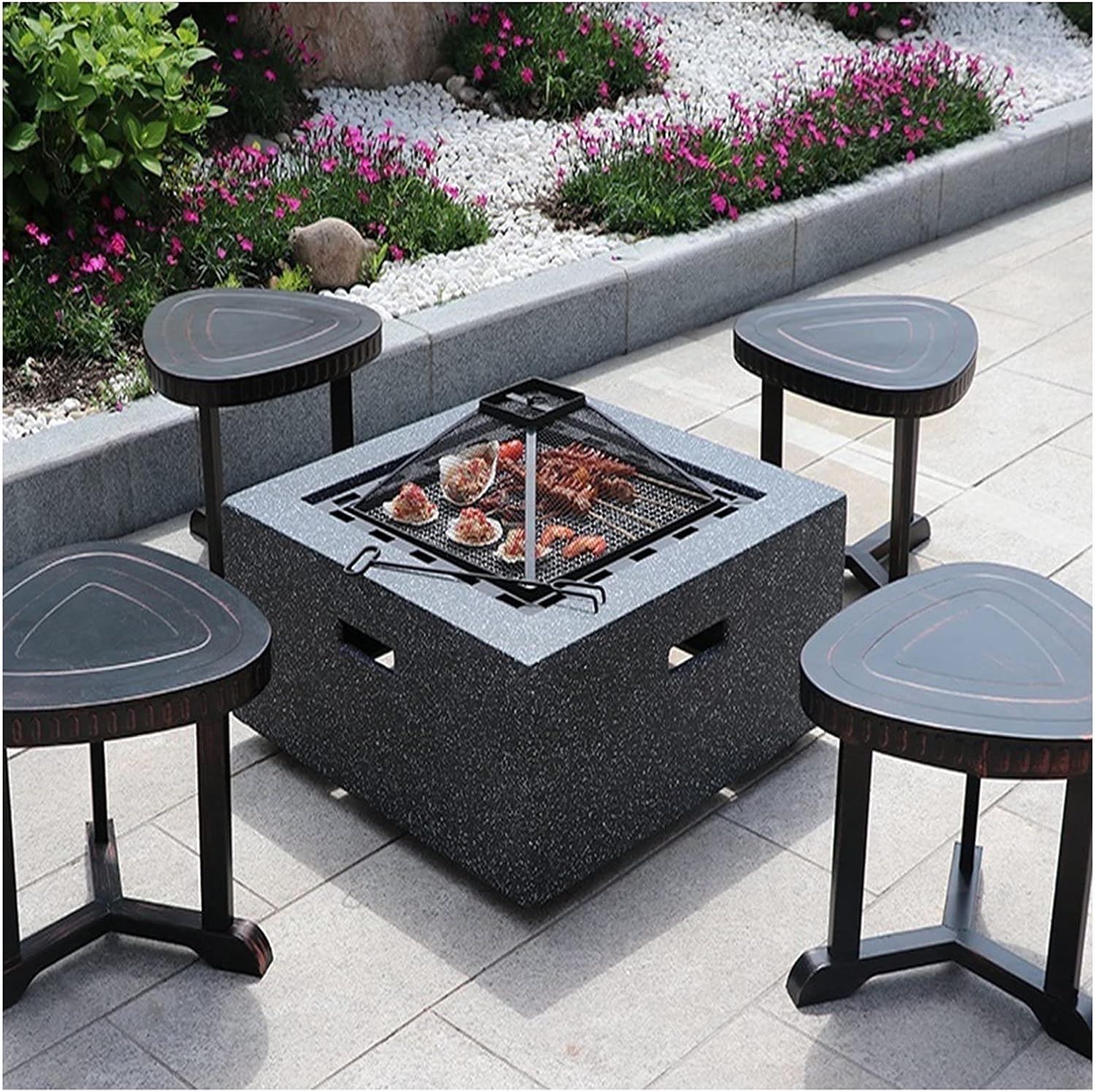 Outdoor Fire Pit Garden Wood-Burning Fire Pit BBQ Table, Outdoor Backyard Patio Fireplace Fire Bowl, with Sparkle Screen Cover and Poker