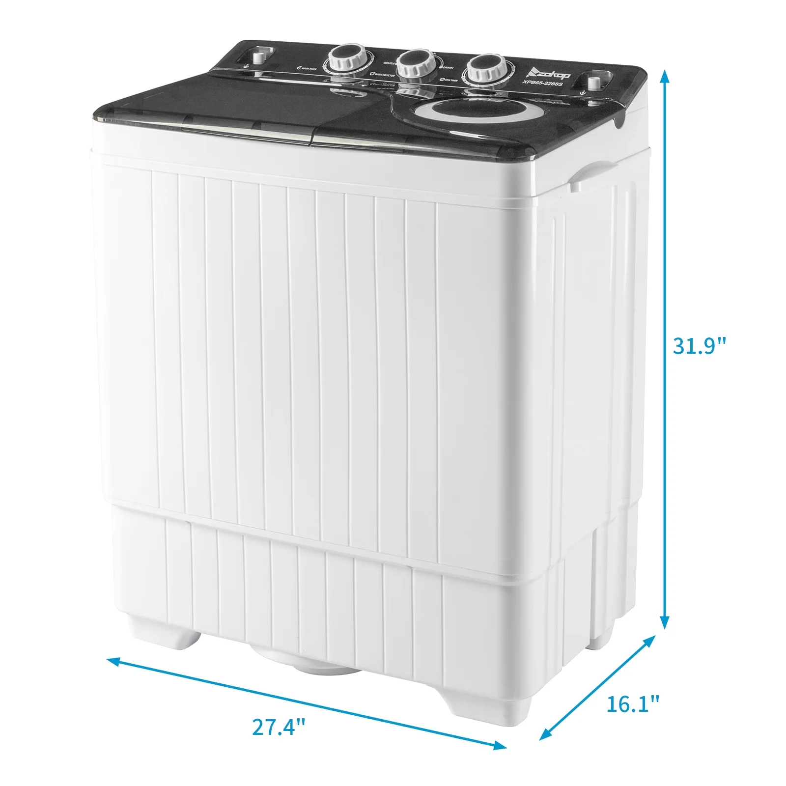 Twin Tub with Built-in Drain Pump XPB65-2288S 26Lbs Semi-automatic Twin Tube Washing Machine for Apartment, Dorms, RVs, Camping and More, White&Black US Standard