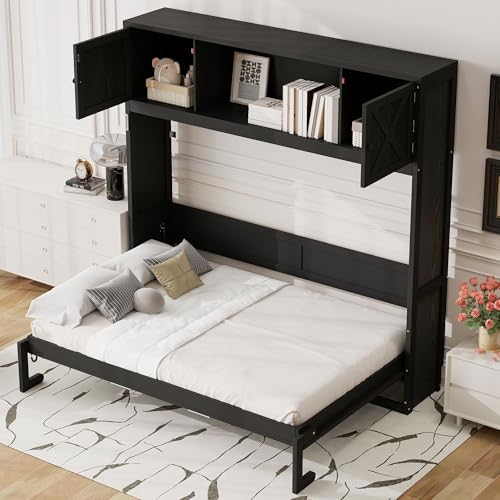 SOFTSEA Full Horizontal Murphy Bed with Shelves, Farmhouse Murphy Wall Bed with Storage Bookcase for Small Spaces, Living Room, Guest Room, Bedroom, Home Office, Black