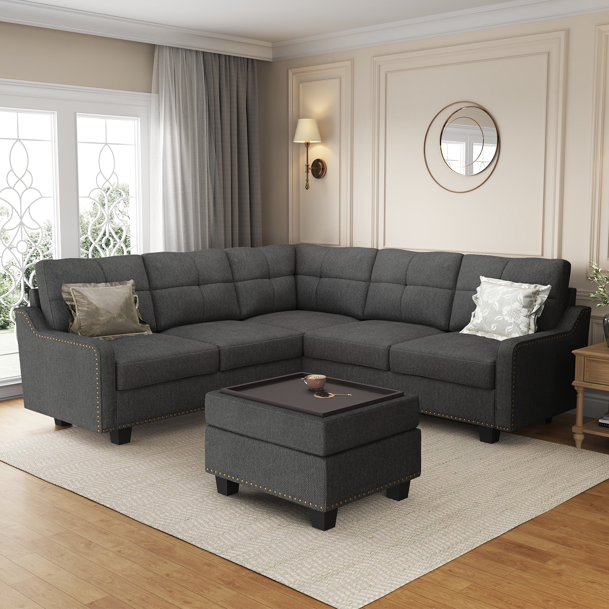 HONBAY Modern Convertible Nailhead Trim Sofa Set with Storage Ottoman, Dark Gray Sofa Set for Living Room - Curated Treasures Market