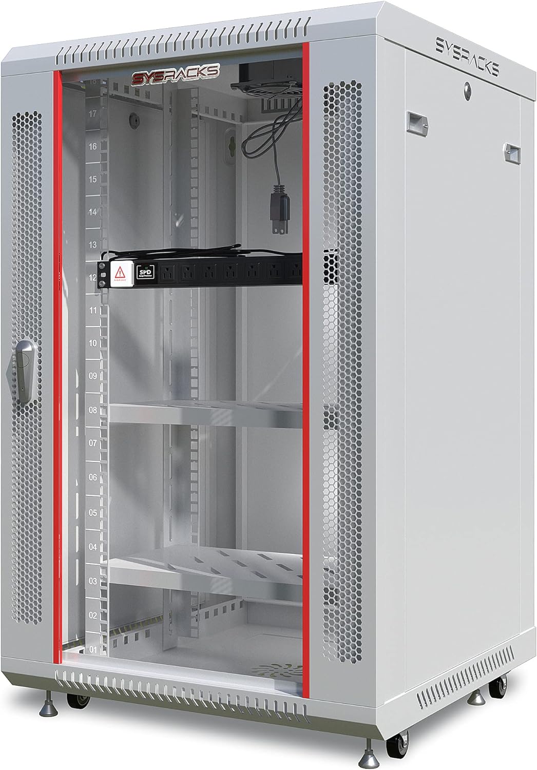 Sysracks 18U Wall Mount Gray IT Network Av Data Server Rack Cabinet Enclosure 24 Inch Depth - 2 Shelves - 8-Way PDU - Fan - Casters - Hardware