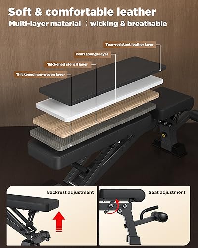 Foldable Weight Bench - Adjustable Bench for Full Body Workout, Fully Upright Backrest Design, Multi-Purpose Incline Decline Bench - 2025 Version Black