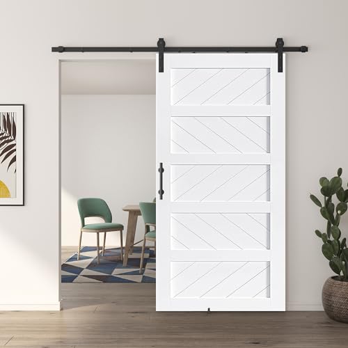 JUBEST 36" x 84" Barn Door, Slding Barn Door Kit Wave Shape Barn Door Panel with Hardware Kit Include, Easy Installation, Solid Wood, MDF & PVC Covered, Black
