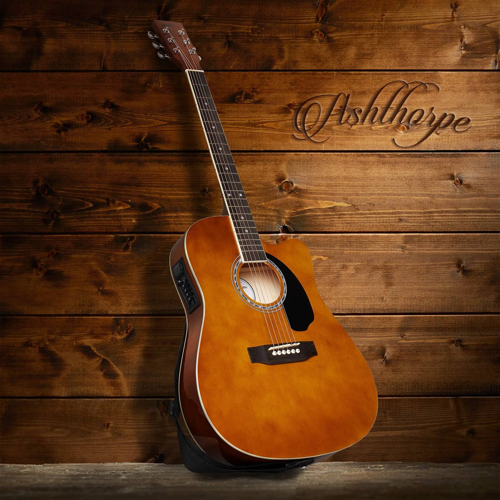 Ashthorpe Full-Size Cutaway Thinline Acoustic-Electric Guitar Package - Premium Tonewoods - Brown