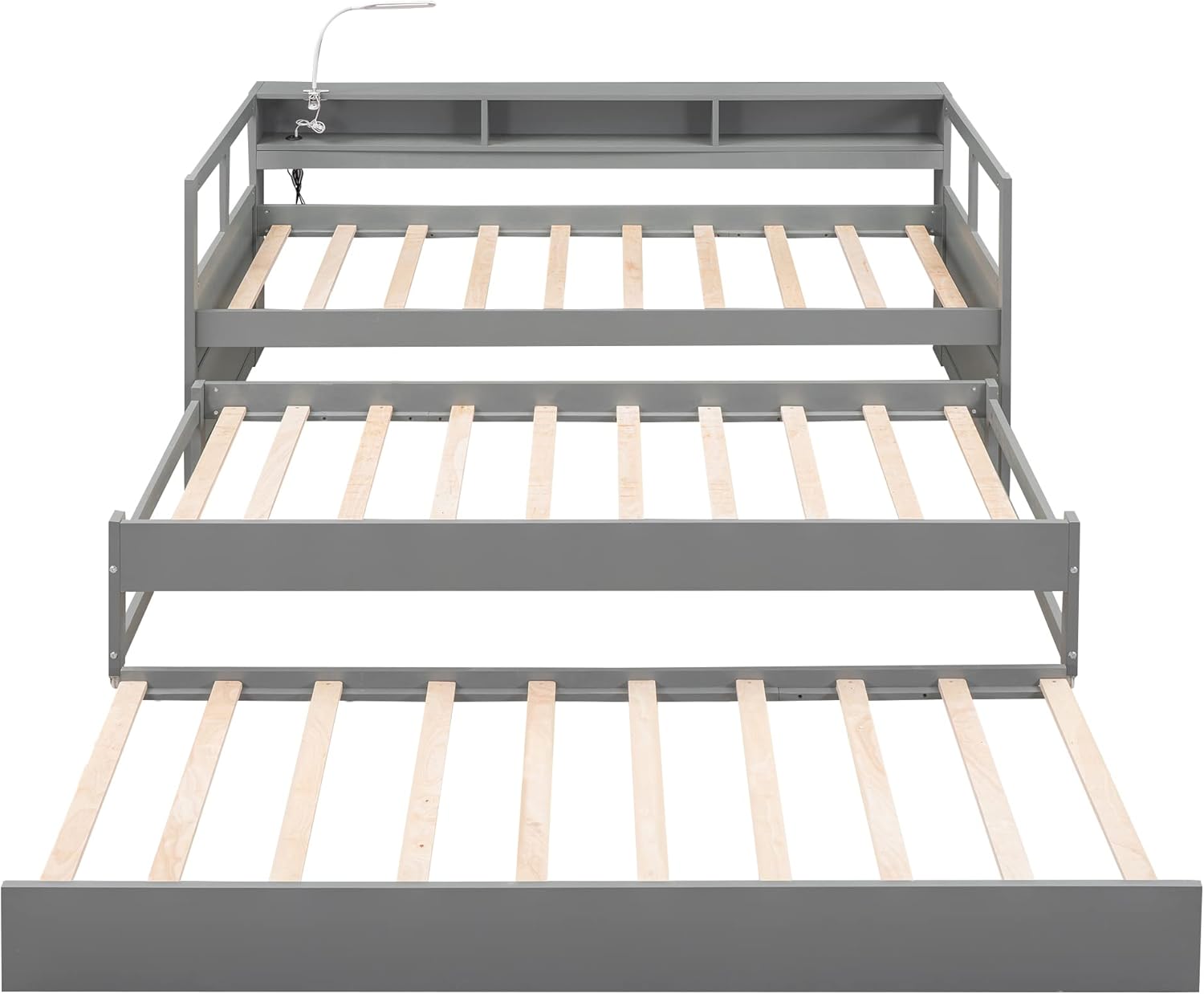 Bellemave Twin XL Daybed with 2 Trundle Beds Wood Platform Bed with Storage Headboard, Twin XL Day Bed Frame with USB Charging and Light for Bedroom and Living Room, Gray