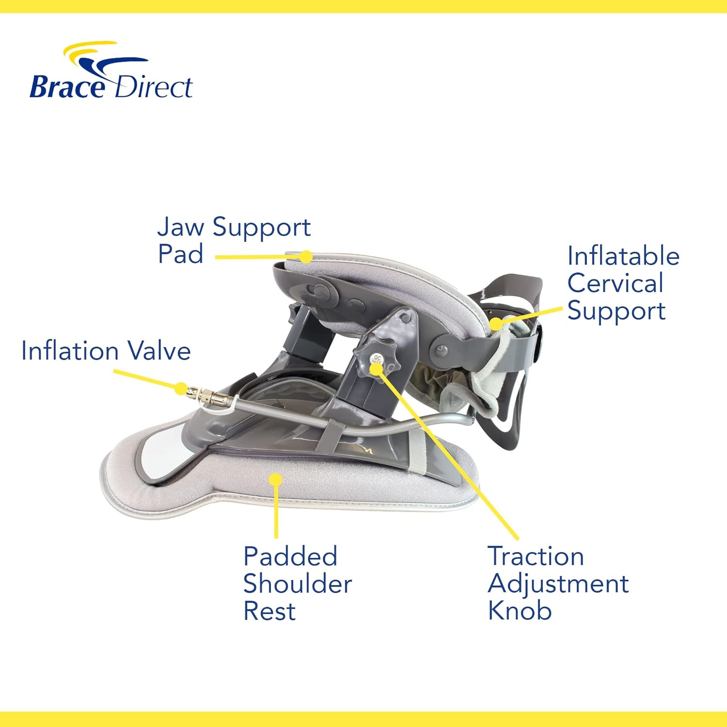 Brace Direct Cervical Neck Air Traction Collar and Stretcher- Relief for Neck and Shoulder Pain, Tension, Strain, or Pinched Nerves, Plus Improves Spine Alignment and Posture; Fully Adjustable