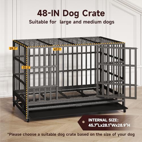 48/42 Inch Heavy Duty Indestructible Dog Crate Steel Escape Proof, Indoor Double Door High Anxiety Cage, Kennel with Wheels, Removable Tray, Extra Large XL XXL
