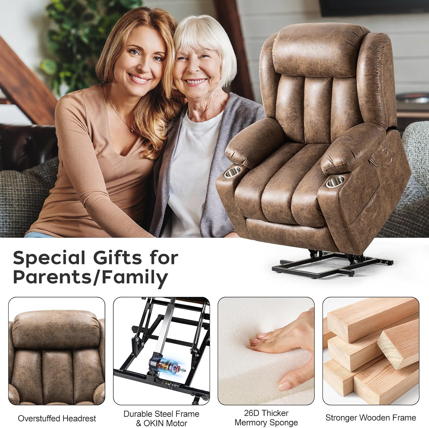 Extra Large Power Lift Chairs Recliners for Elderly with Heated and Massage, Overstuffed Lift Chairs, Breathable Leather, USB-A and USB-C, Cup Holder, Side Pocket, 1PC, Light Brown