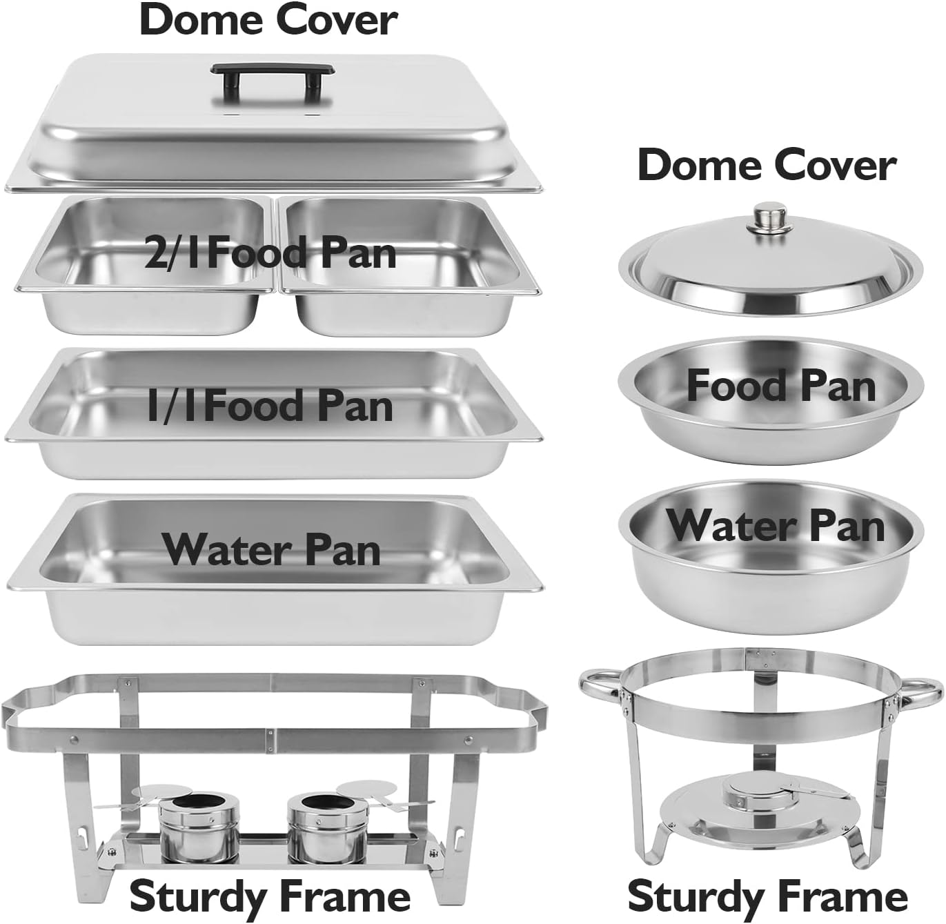 Restlrious Chafing Dish Buffet Set Stainless Steel 5QT Round & 8QT Rectangle Foldable Chafers & Buffet Warmers Set, w/Full & Half Size Food Pan, Water Pan, Fuel Holder & Lid for Catering Event, 5 Pk