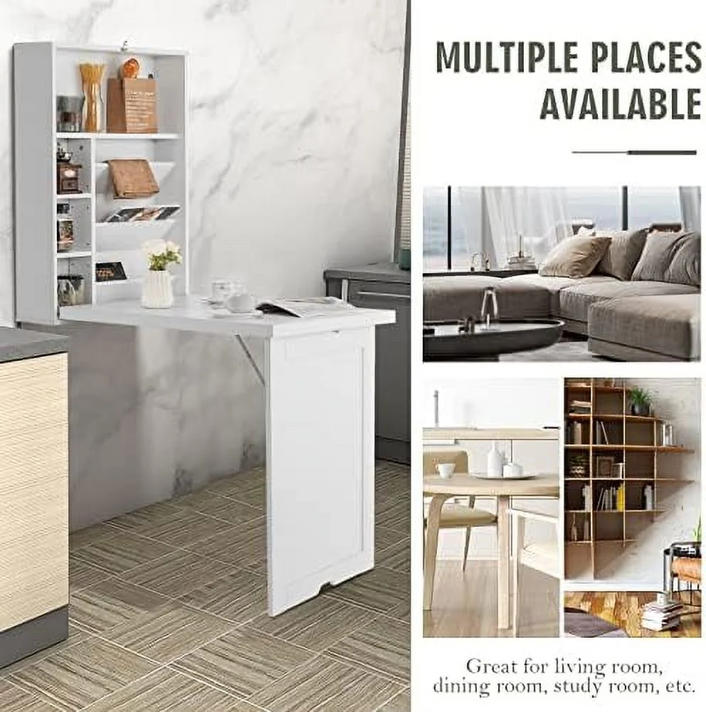 KBANZIBIU Wall Mounted Table w/Classified  Space  Foldable Multiple-Purpose Desk  Sturdy Wood Structure  Floating Convertible Desk/Cabinet for Apartment  Narrow Place and Limited Room (Wh