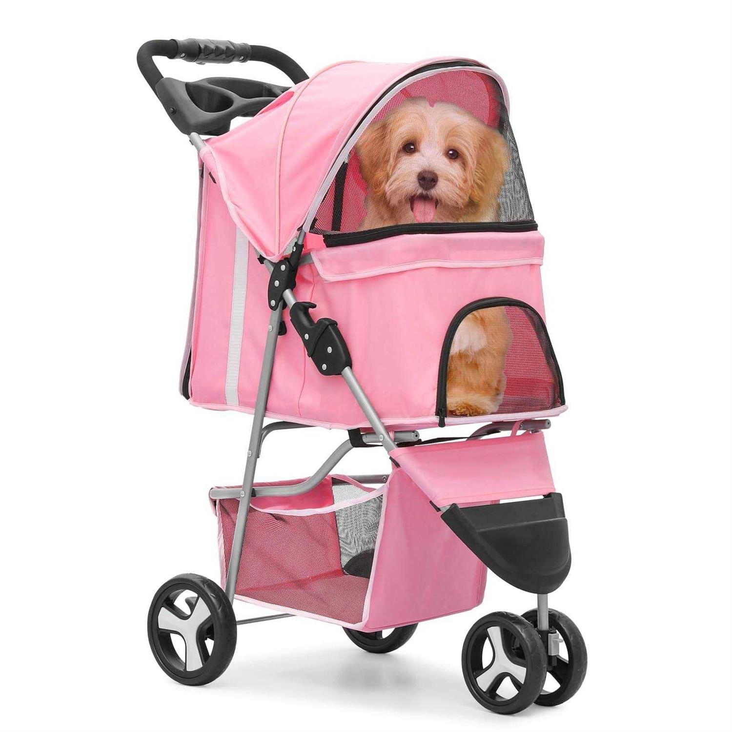 MoNiBloom Foldable Pet Stroller with Weather Cover, 3 Wheels Pet Small Dogs and Cats with Storage Basket and Cup Holder - Pet Supplies online store