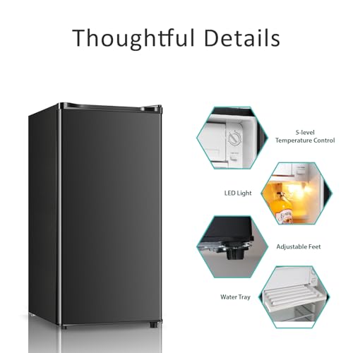 Seaoola Mini Fridge with Freezer, Single Door 3.1 Cu.Ft, Compact Mini Refrigerator, LED Light, Adjustable Thermostat, Removable Glass Shelves, Small Refrigerator for Dorm/Office/Bedroom(Black)
