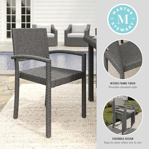 Martha Stewart Bedford Indoor-Outdoor Stackable Patio Armchairs with Rattan Wicker Finish in Brown, Set of 2