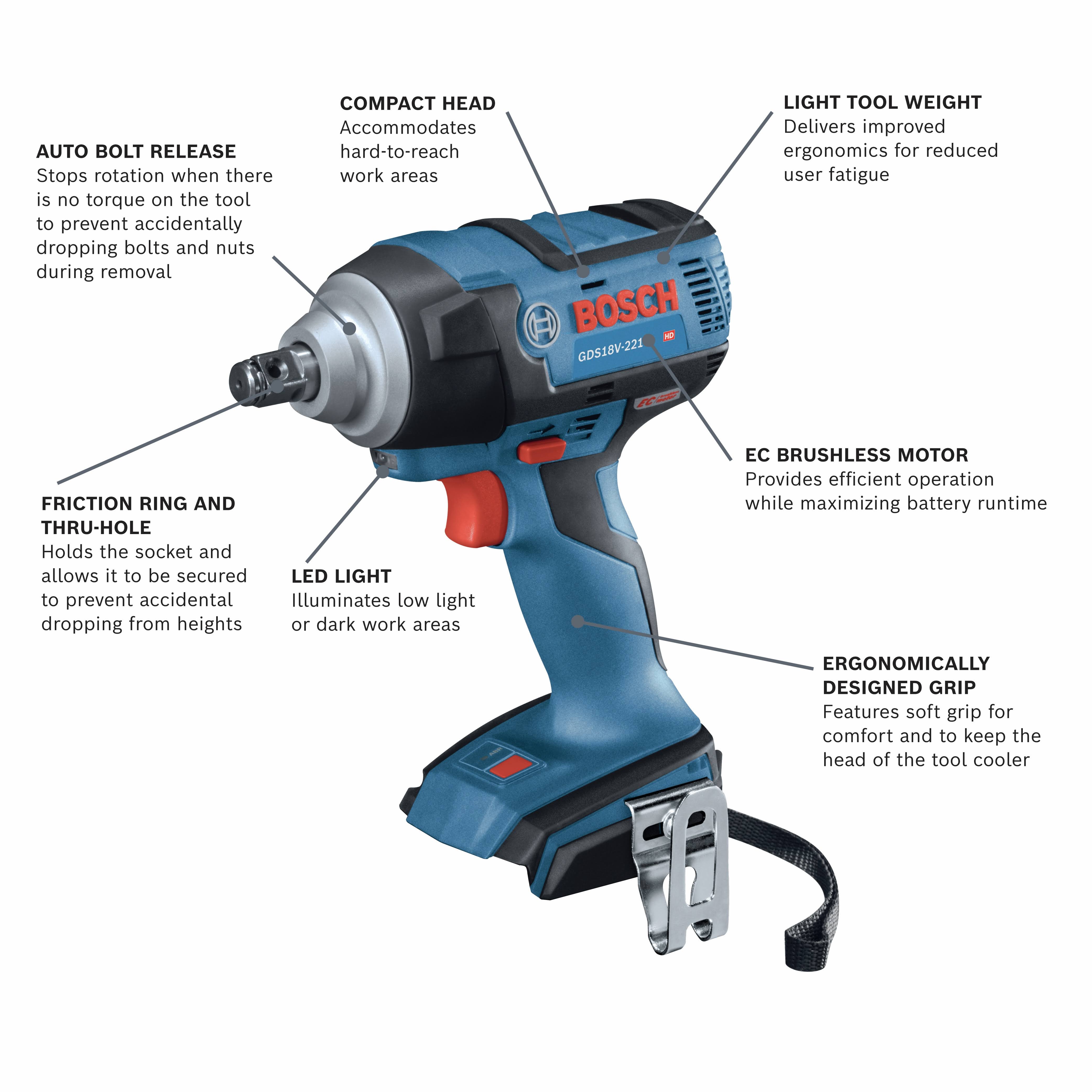 Bosch GDS18V-221N 18V EC Brushless 1/2 in. Impact Wrench with Friction Ring and Thru-Hole (Bare Tool)