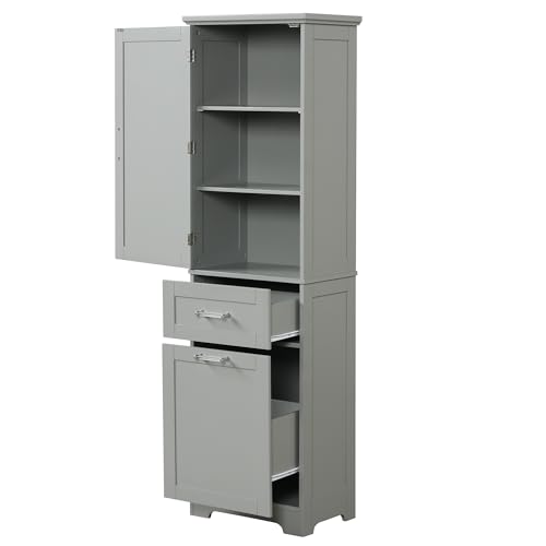 Tall Bathroom Storage Cabinet, Narrow Storage Cabinet, Freestanding Linen Cabinet with Two Different Size Drawers and Adjustable Shelf, Tall Cabinet Storage for Bathroom，Living Room (White)