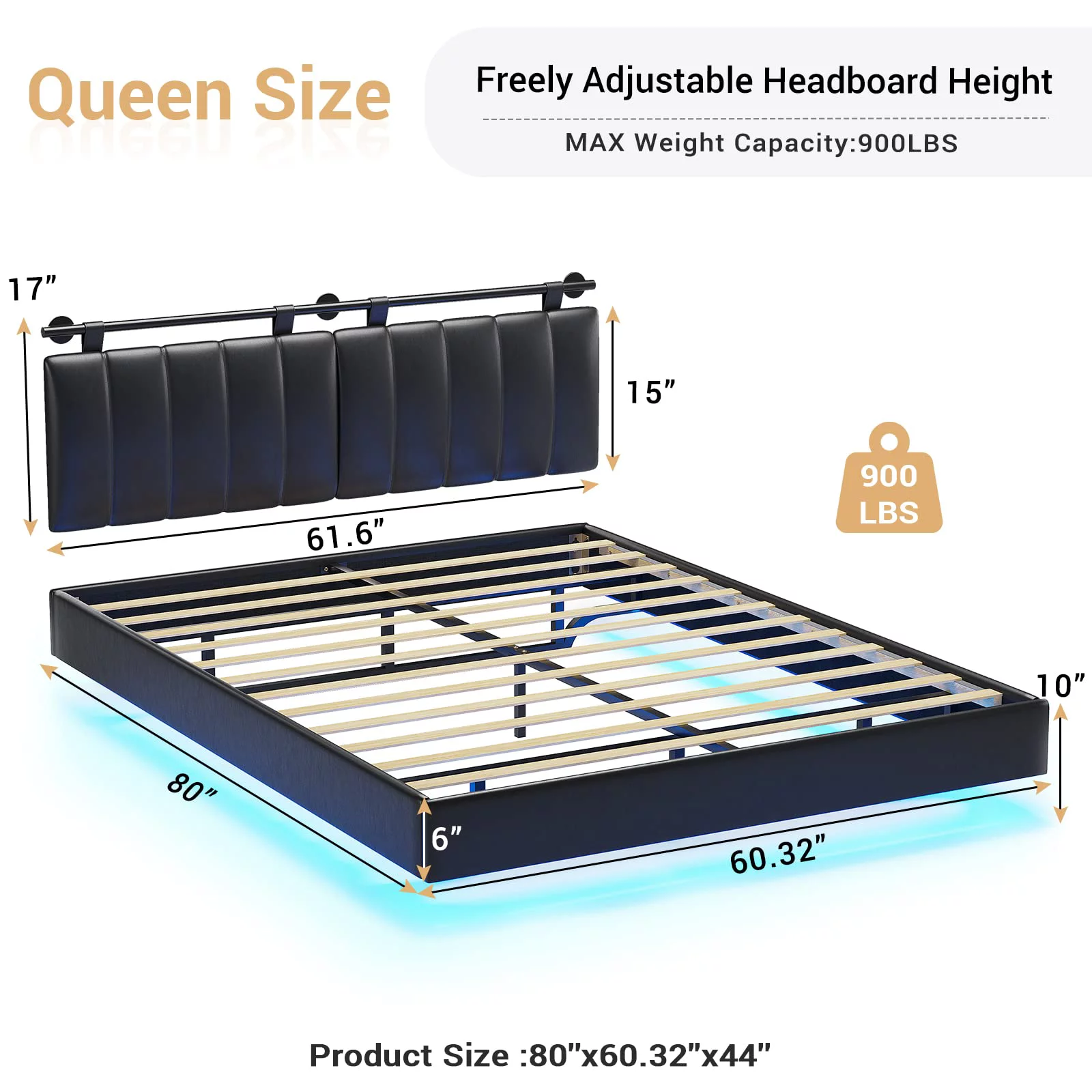 ADORNEVE Queen Floating Bed Frame with LED Lights and Wall Mounted Headboard, Modern Faux Leather Upholstered Platform Bed Frame, No Box Spring Needed, Black