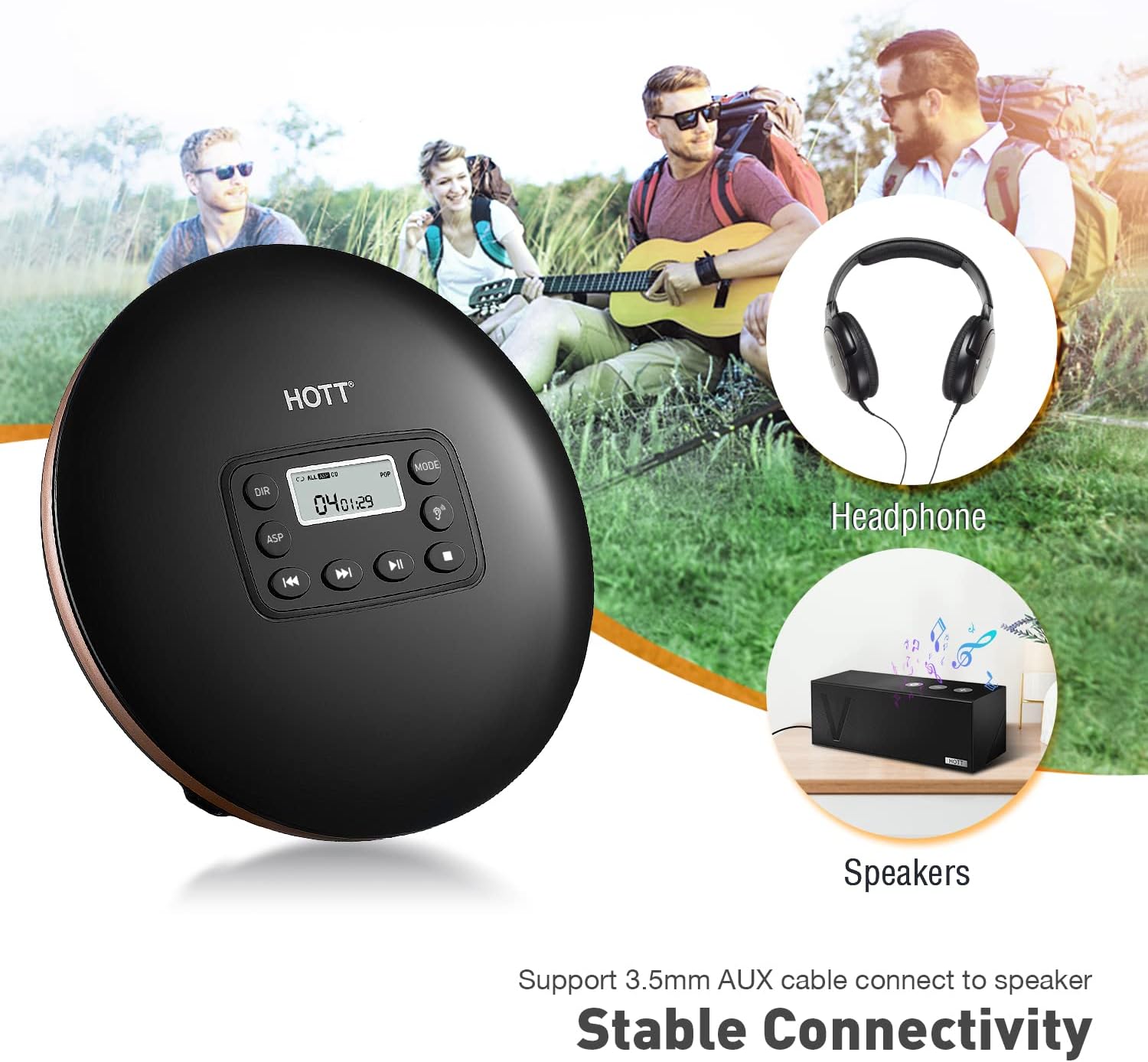 HOTT CD711 Portable CD Player for Car Home Travel with Headphones