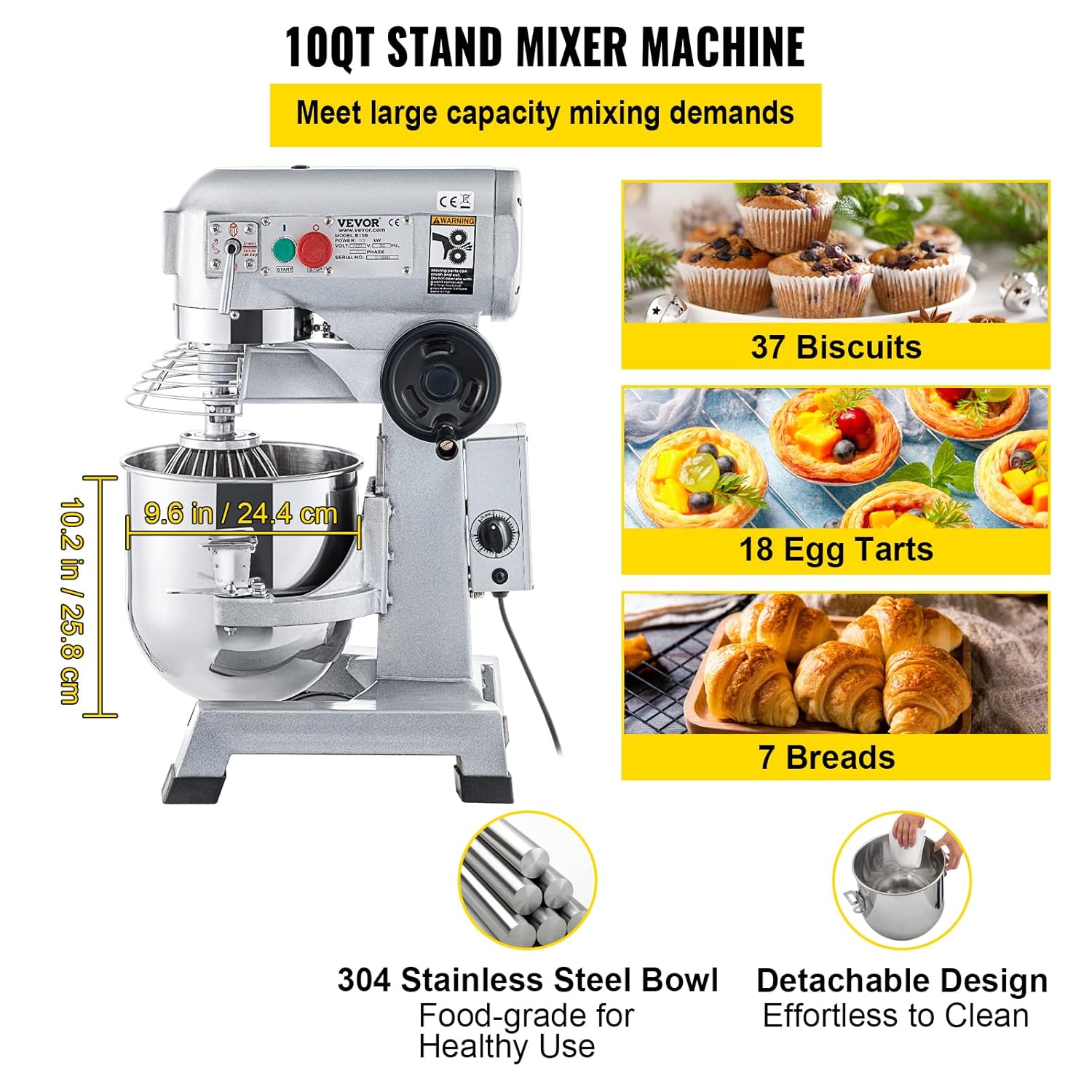 VEVOR Commercial Mixer, Commercial Food Mixer 10Qt Stainless Steel Bowl, 450W Commercial Stand Mixer with 3 Speeds Adjustable, Dough Hook Whisk Beater Included, Perfect for Bakery Pizzeria, Silver