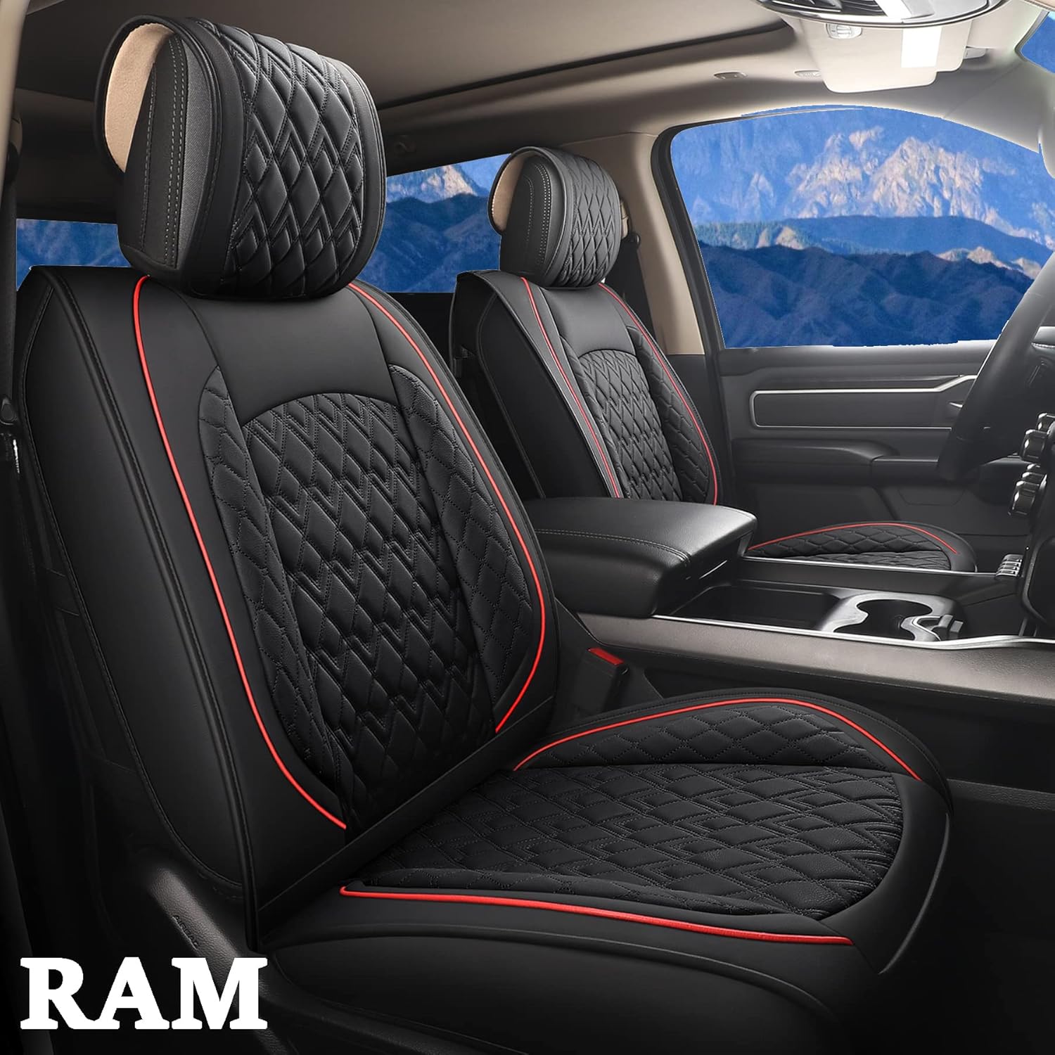 JOJOBAY Car Seat Covers for Dodge Ram 2 Pcs Front,Fit Ram 2009-2022 1500/2500/3500 Pick-up Truck,Crew,Regular,Quad,Mega Cab,Waterproof Synthetic Leather Seat Covers Protectors（2 PCS Front,Black-Grey）