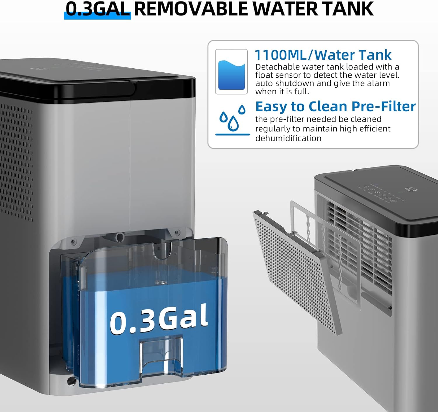20-30 Pints Home Dehumidifier for Bedroom, Basement with Drain Hose, Reusable Filter,Auto Shut for 1,500 Sq. Ft. Large Room, Bathroom Grey