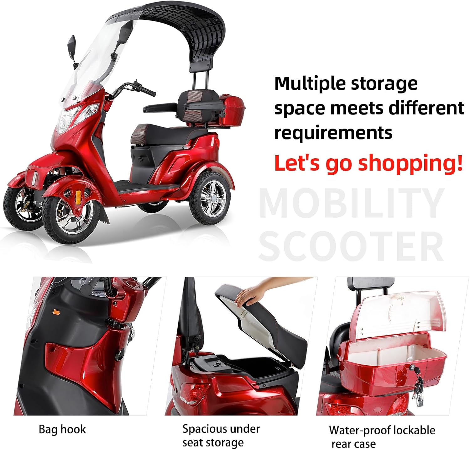 Mobility Scooters for Seniors, 4 Wheel Powered Mobility Scooters, Electric Wheelchairs for Adults, Electric Powered Wheelchair Device with Canopy & Windshield, Long Range Power for Travel-RED