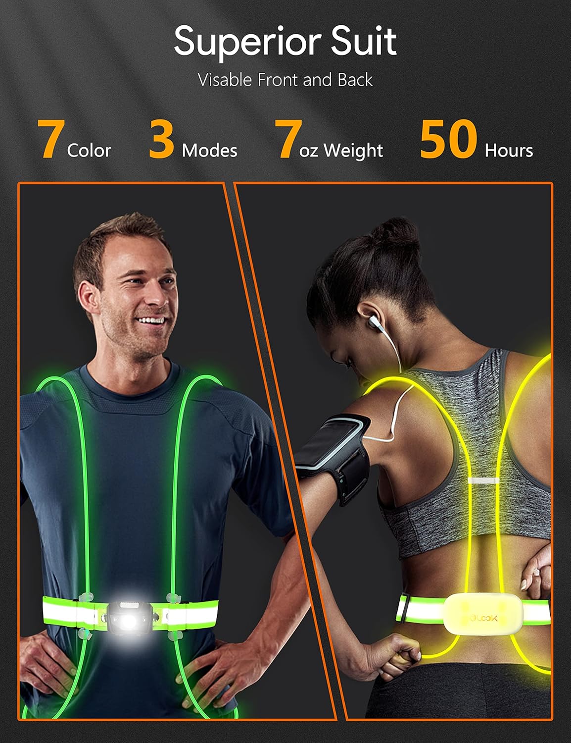 High Visibility LED Light Up Vest with Running Light, 360° Reflective Safety Gear for Night Running, Cycling, Joggers, Rechargeable and Waterproof, L-Green(Patent Pending)