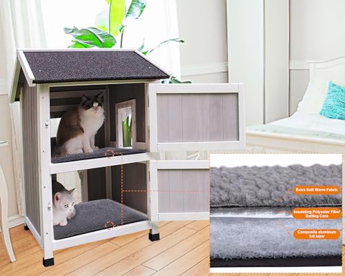 Rockever Outdoor Cat House, Large Outdoor Houses for Feral Cats Wooden Outside Cat Shelter Weatherproof with Escape Door