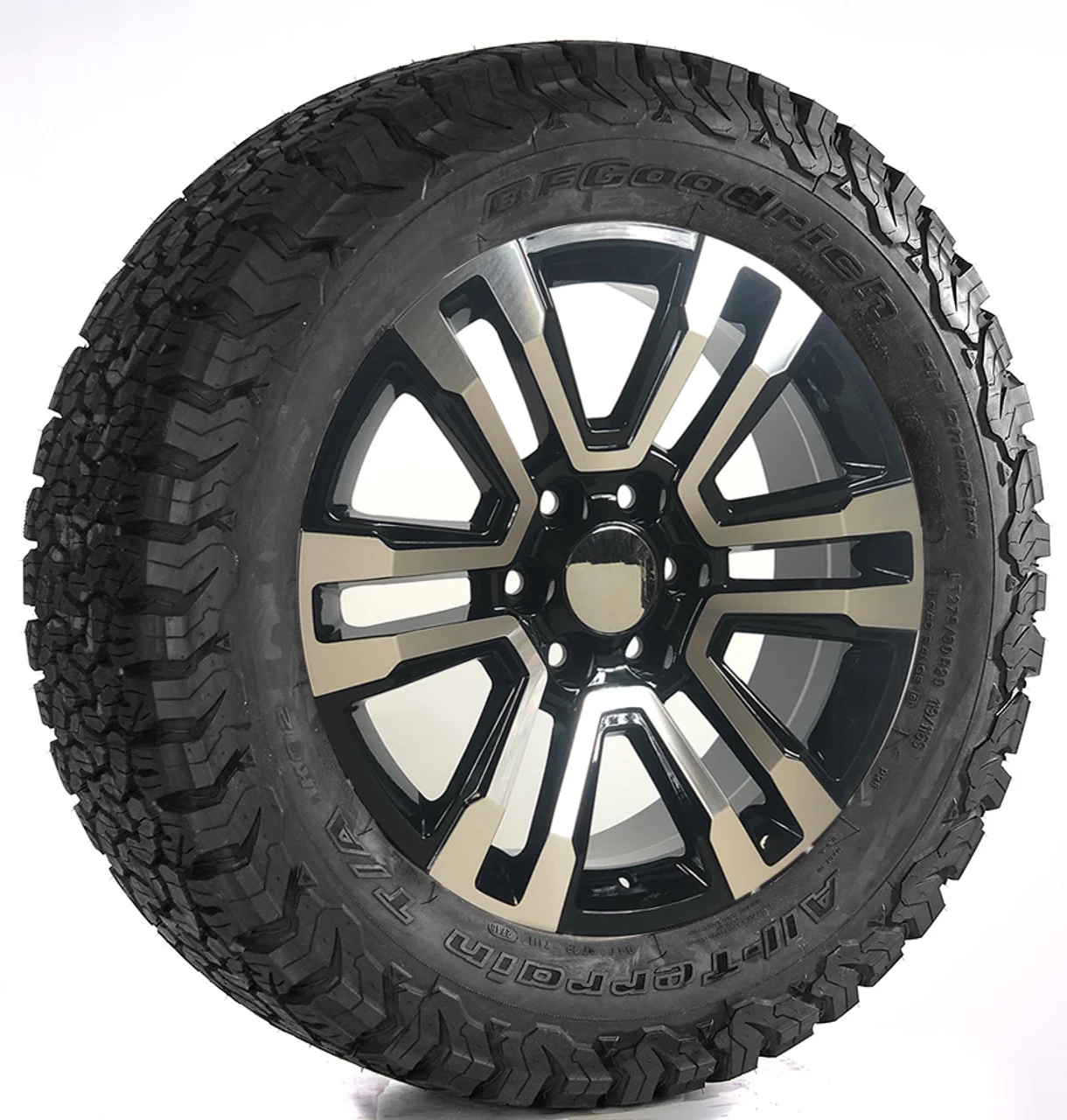 Gloss Black and Machine 20" Split Spoke Replica Wheels with All Terrain 275/60R20 Tires SET of 4 fits Chevy Silverado, Tahoe, Suburban, GMC Sierra, Yukon, Denali 1500, Includes Lug Nuts and TPMS