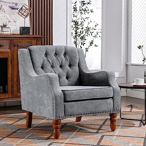 Accent Chair, Living Room Chair, Footrest Chair Set with Vintage Brass Studs, Button Tufted Upholstered Armchair for Living Room, Comfy Reading Chair for Bedroom, Reception Room