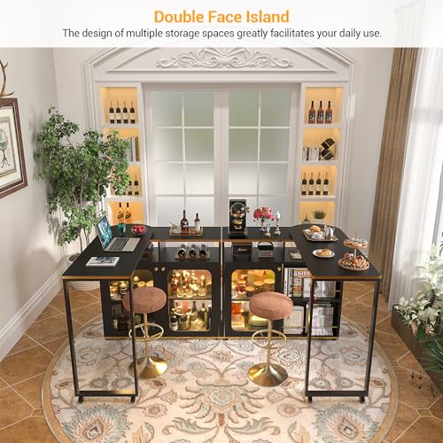 Cyclysio 59" Dining Table with LED Light, 360° Rotating Kitchen Table with Charging Station, Bar Table with Double-sided Storage, Foldable Island Table for Small Space, White Oak