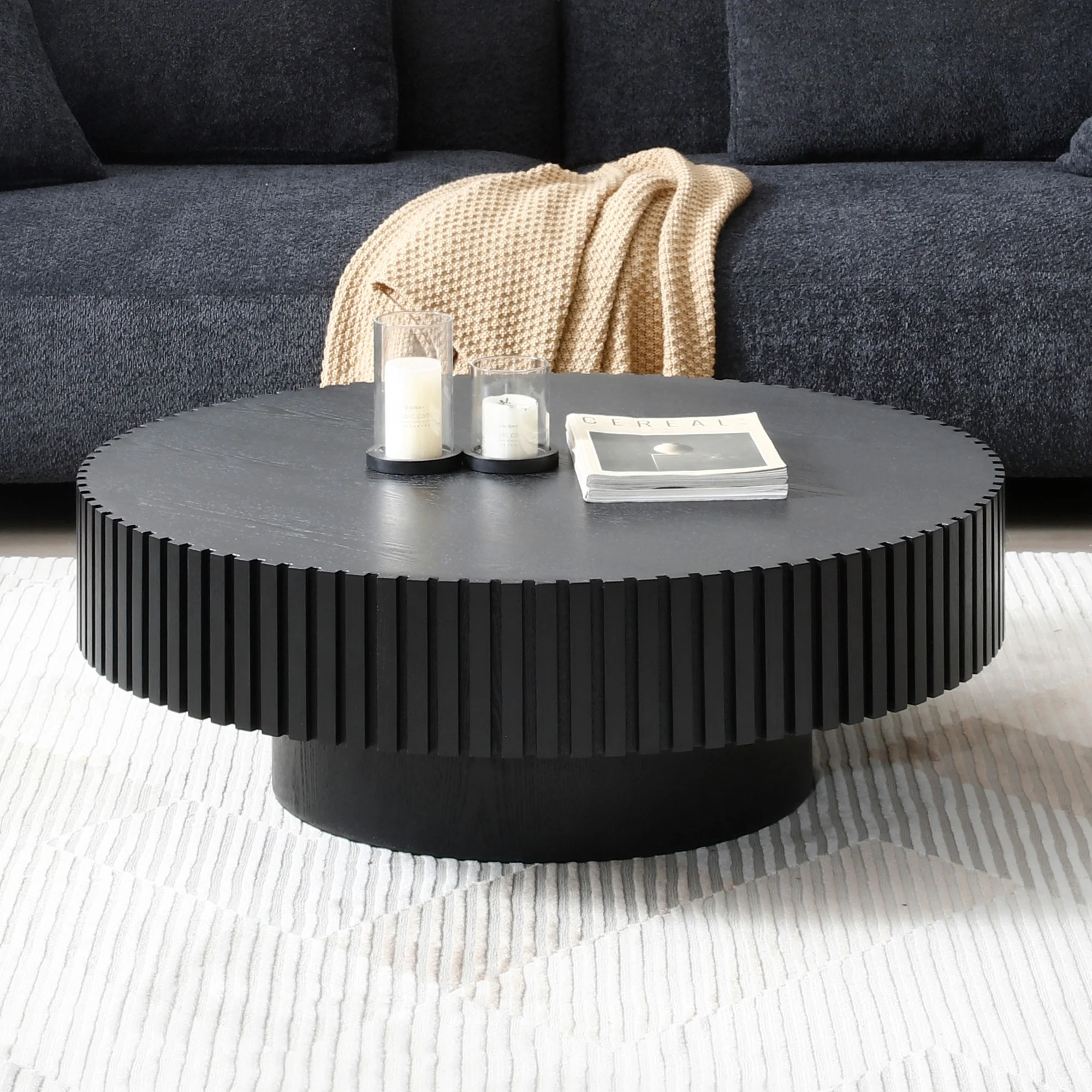 Kevinplus BLACK MDF Coffee Table 39.37inch Modern Handcraft Drum Coffee Table Round Wood Coffee Table for Living Room, Apartment
