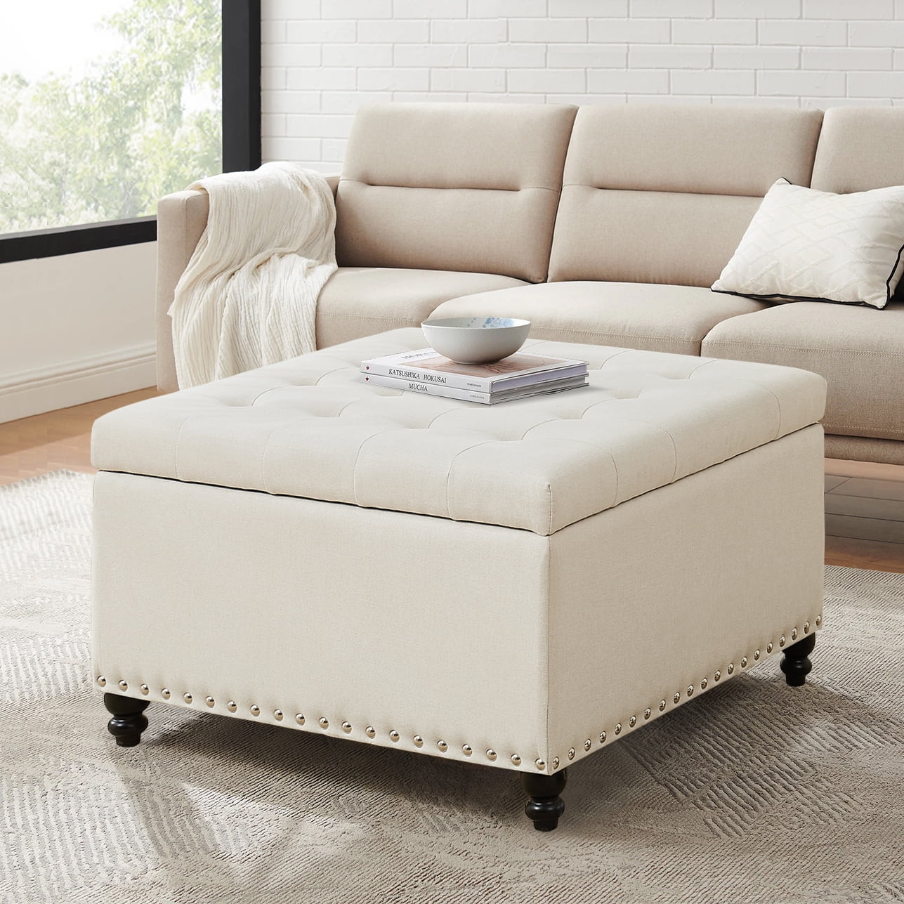 Square Storage Ottoman, 30-inch Large Ottoman Bench with Button-Tufted, Safety Hinge End Of Bed Storage Bench in Upholstered Fabrics for Bedroom, Living Room (Beige)