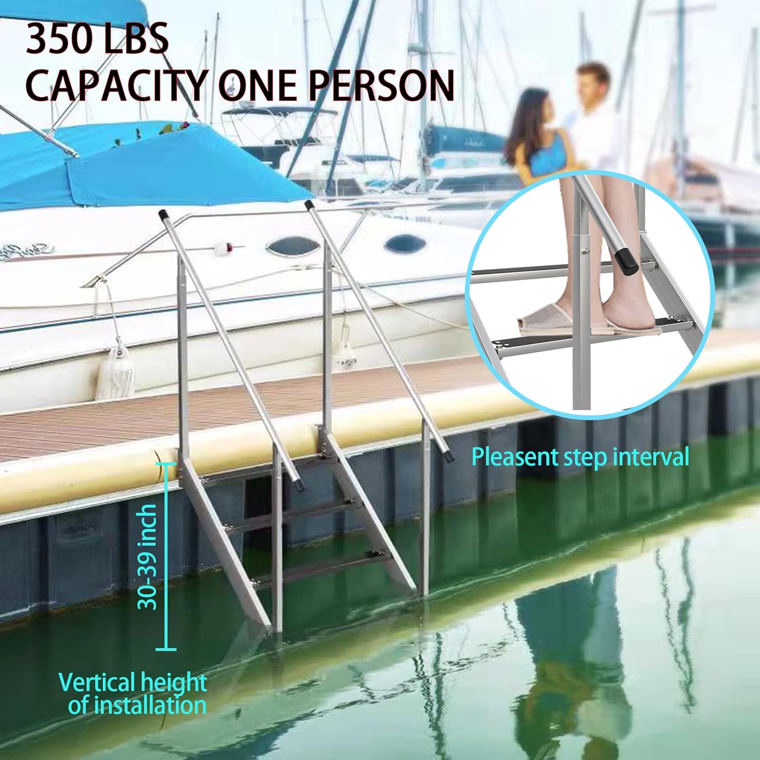 UNKLE METAL Dock Ladder Aluminum 4 Steps Pontoon Boat Ladder 350 Lbs Load Wider Pedals Hand Railings Anti-Slip Rubber Mat Removable Deck Flip up Dock Swim Ladder Lake Marine Boarding Steps Pool Yacht