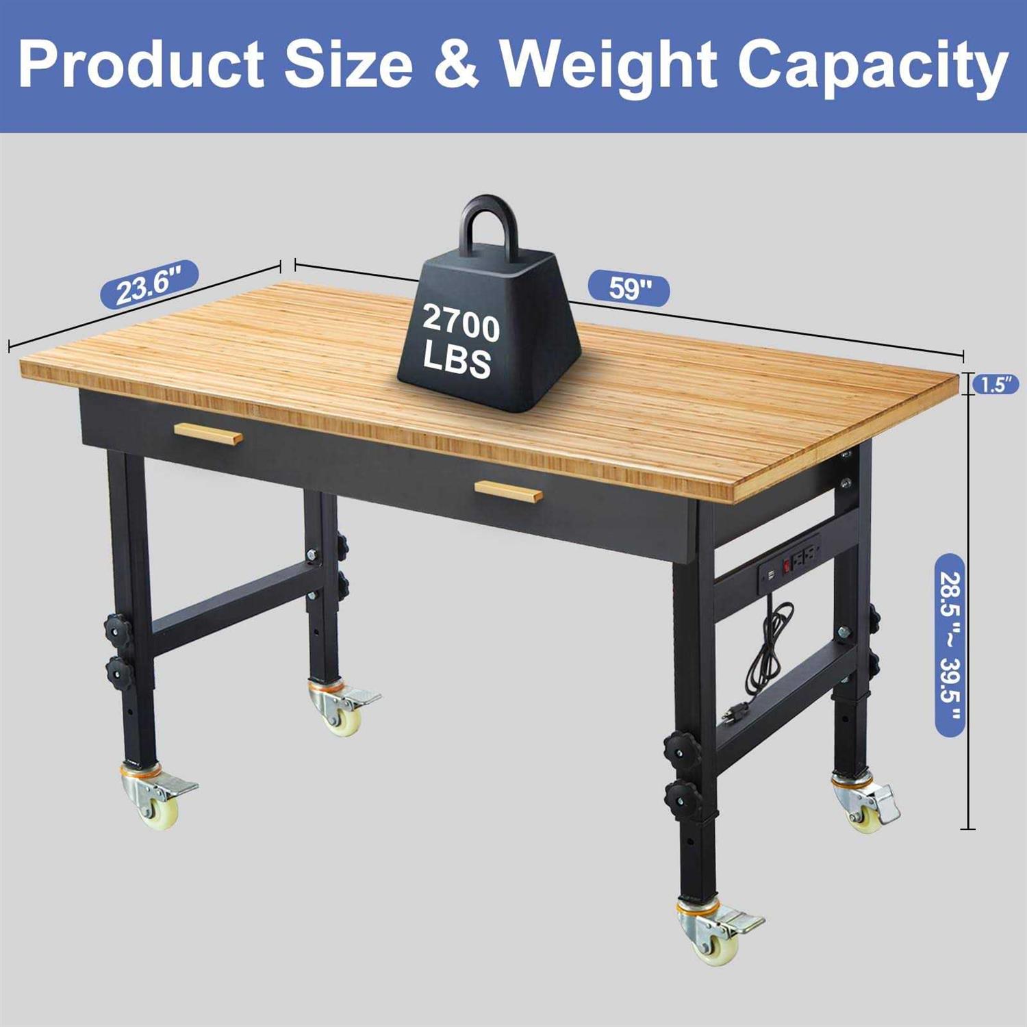 Work Bench, Adjustable Workbench with Drawer Storage, Heavy Duty Bamboo Wood Work Table with Power Outlet and Wheels for Garage Home Office - Shop Hardware Tools Online Store