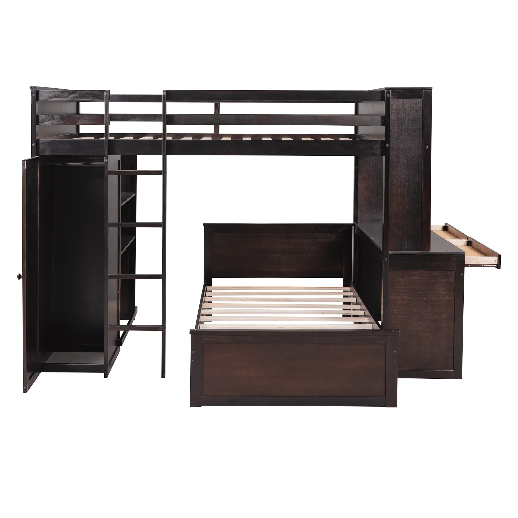 Twin Over Twin Bunk Bed with Storage, Solid Wood Bunk Bed with Shelves, Desk and Wardrobe, Twin Size Loft Bed with a Stand-Alone Bed for Kids Teens Adults (Espresso)