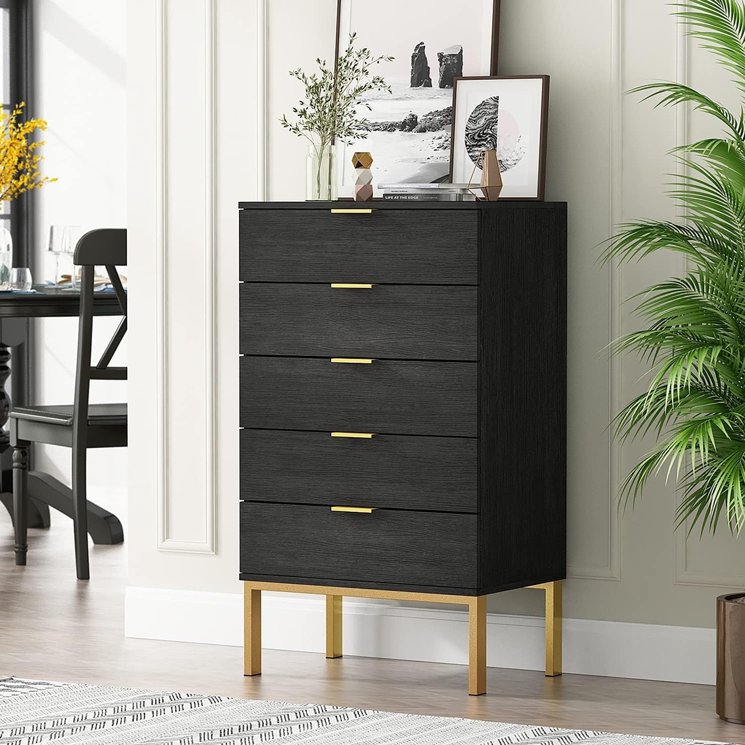 Homsee Modern Dresser Storage Chest with 5 Drawers, Wood Dresser Chest with Gold Metal Legs and Handles for Bedroom, Living Room & Hallway, Black (23.6”L x 15.7”W x 41.1”H)