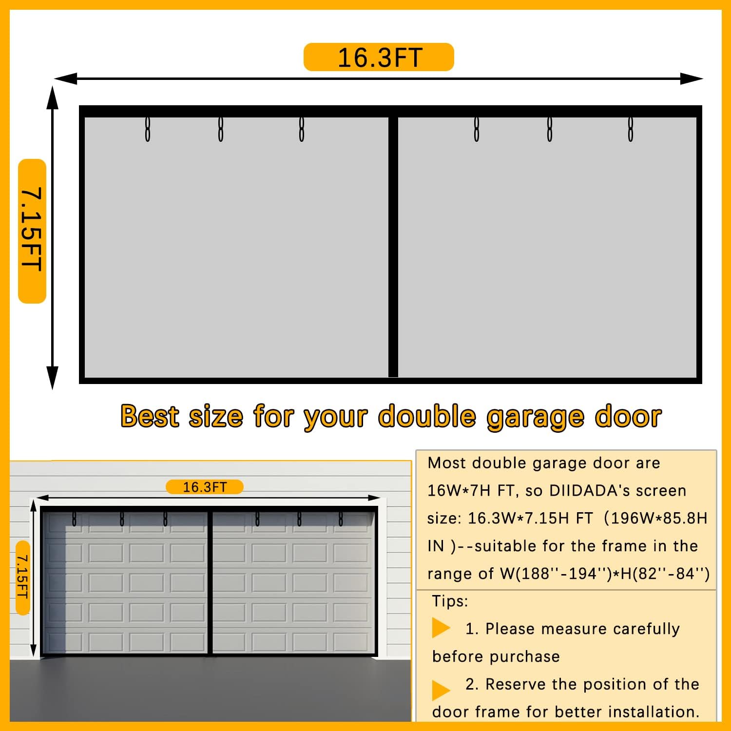 Fiberglass Magnetic Garage Screen Door - Double 16x7ft (2 car) Hands Free Mesh Screen Door，DIY Retractable Garage Door Screen with 6 Roll Up Starps，Easy to Install (16*7FT) Pack of 2