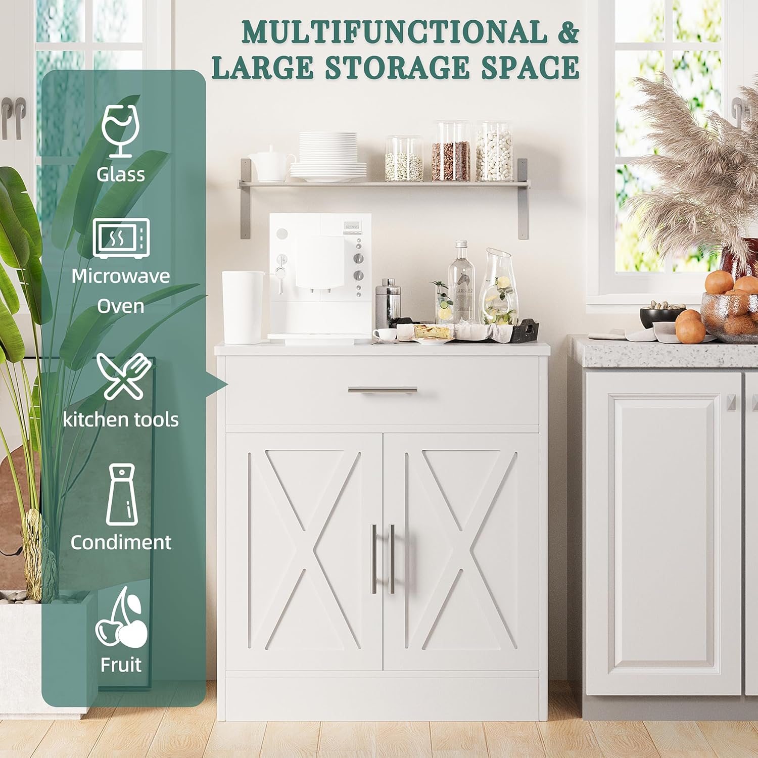 Shintenchi Modern Farmhouse Sideboard Buffet Cabinet with Storage with 2 Doors, Barn Doors Buffet Cabinet with Storage, Wood Coffee Bar Cabinet for Kitchen, Living Room,Ivory White