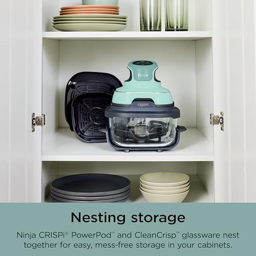 Ninja Crispi Air Fryer, Microwave, Freezer & Dishwasher Safe, Non Toxic Glass Portable Cooking System, 4 QT & 6 Cup Glass Containers with Storage Lids, Easy Meals, Air Fry, Bake, Green, FN101SG