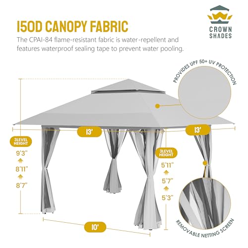 CROWN SHADES 13x13 Pop Up Gazebo, Canopy Tent, Gazebos on Clearance - Outdoor Gazebo for Backyard & Patio Furniture - Carpa Pop Up Tent with Wheeled STO-N-Go Cover Bag (Grey)