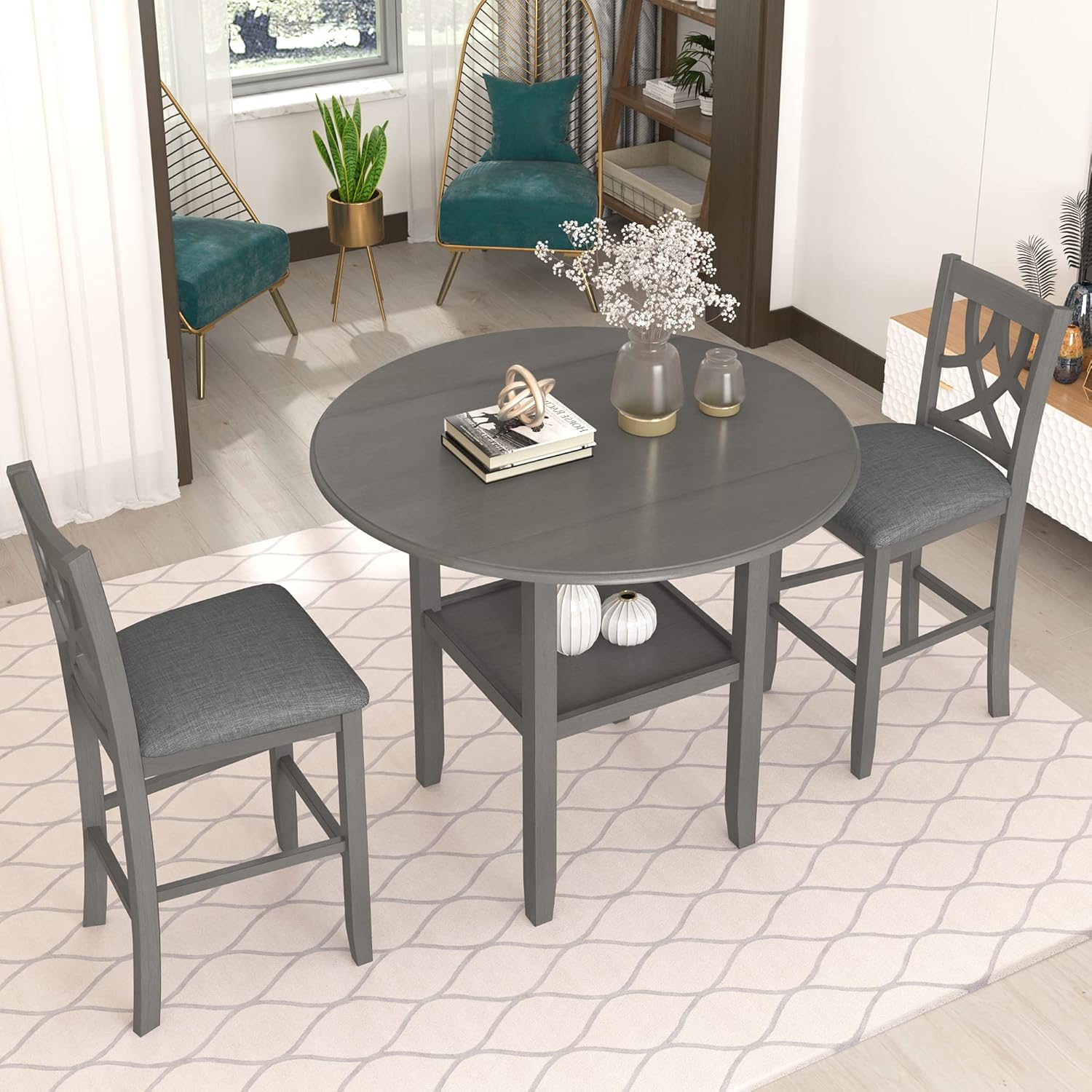 LUMISOL Farmhouse 3 Piece Round Counter Height Kitchen Dining Table Set with Drop Leaf Table, 1 Shelf and 2 Cross Back Padded Chairs for Small Places, Gray