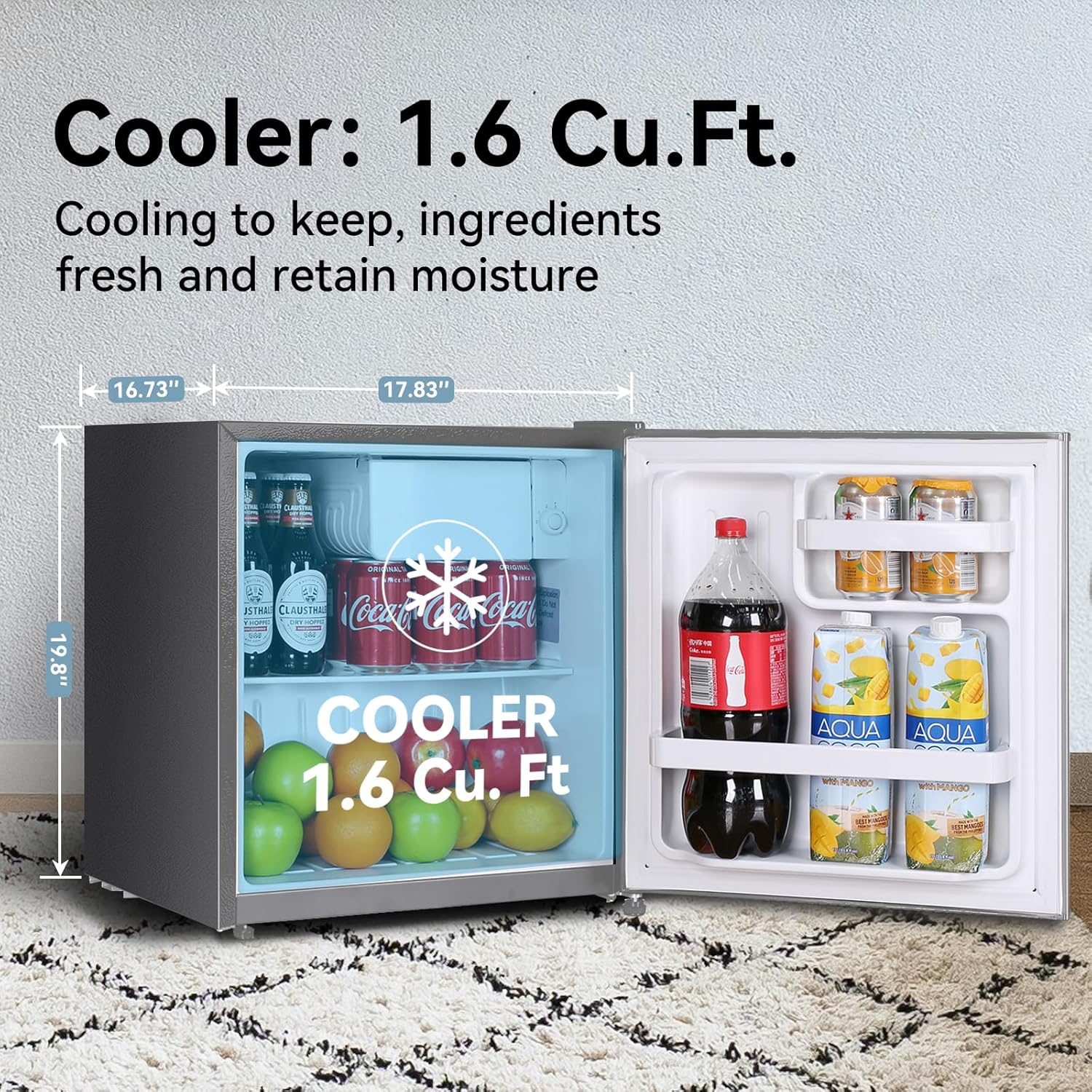 Frestec 1.6 Cu.Ft Mini Fridge for Bedroom, Mini Refrigerator with freezer, Dorm Fridge with Freezer, Reversible Door Perfect for Room and Office, Adjustable Temperature(without Handle, Silver)