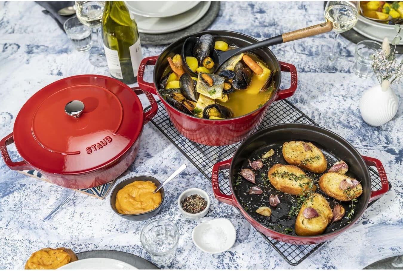 STAUB La Cocotte 3-Piece Round Cast Iron Saucepan Set Cherry Red