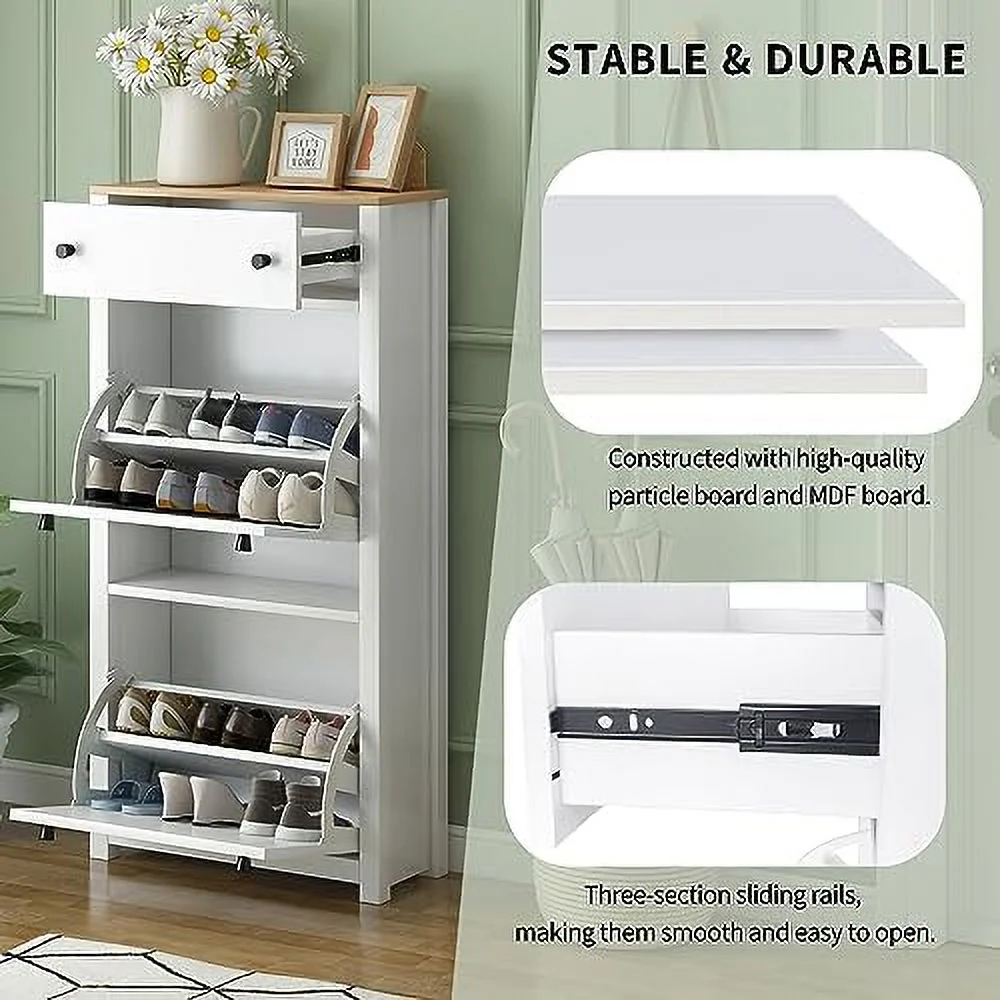 HOOMHIBIU Slim Shoe Cabinet with 2 Flip Drawers White Narrow Wall Hidden Shoe Cabinet  Freestanding Shoe Rack  Cabinet Organizer for Entrance Hallway White